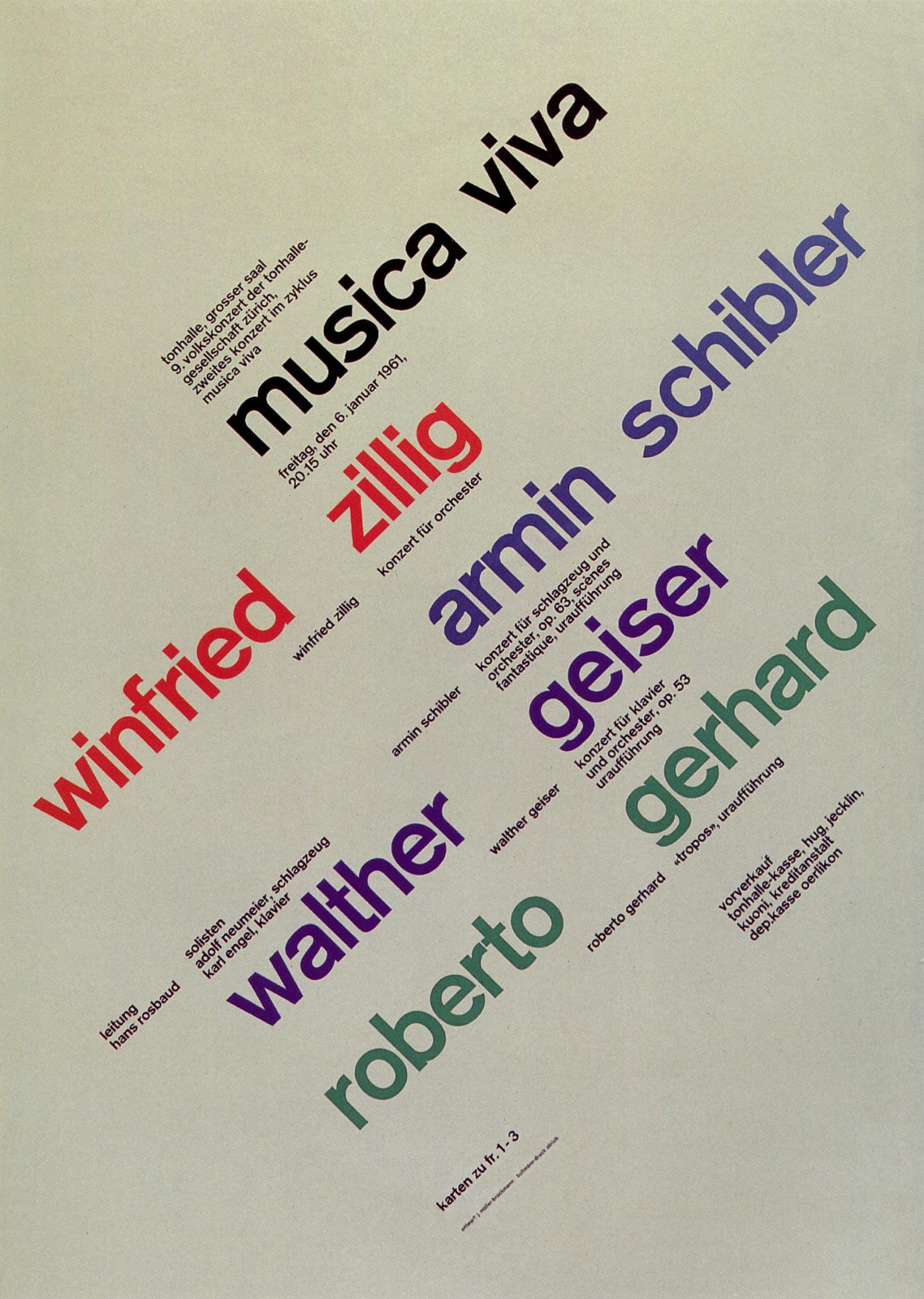 8. Zurich Tonhalle. musica viva. Concert poster, 1961