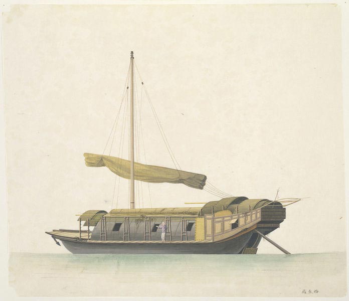 A ‘chop’ boat. (A 'chop' is the official stamp indicating that cargo had been cleared by customs.) The boat has circular decks and sides and resembles a melon - the Chinese called it a 'water-melon boat'.