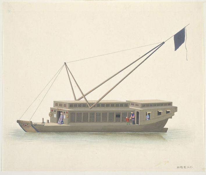 A boat carrying rice from other provinces. Natives of Guangdong routinely referred to other provinces as 'outside the river'.