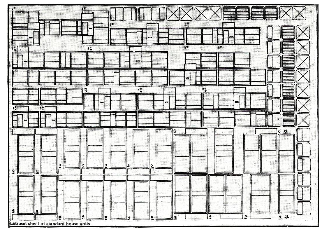 Letraset of the different construciton units for drawing up the various possible layout