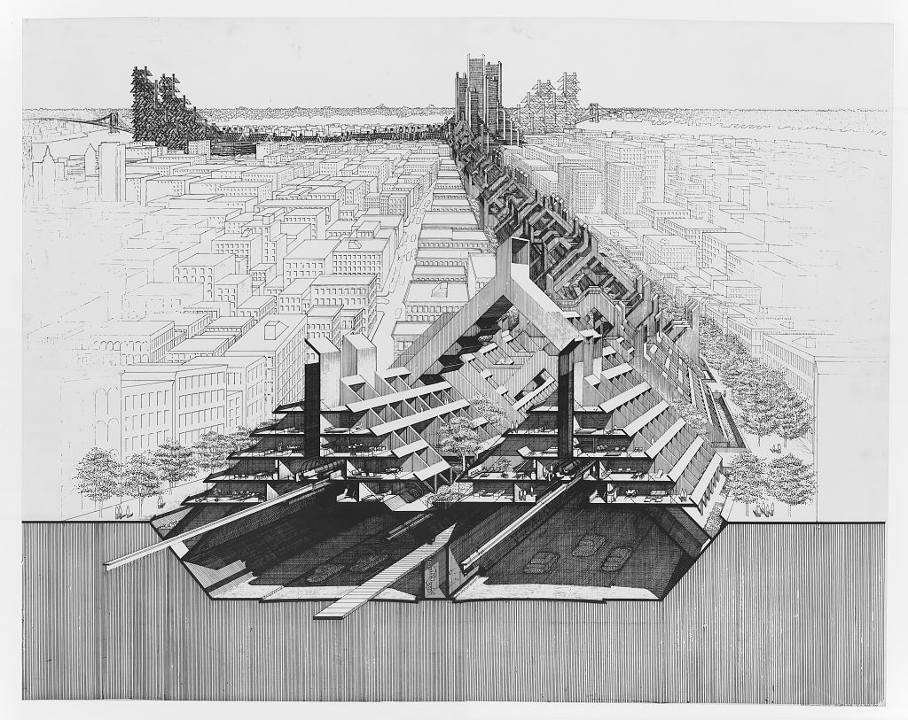 [Lower Manhattan Expressway, New York City. 1970, Bird's-eye perspective section. Rendering]