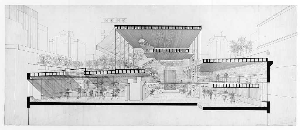 [Paul Rudolph's architectural office in Manhattan. 1964, Perspective section rendering, with furnishings]